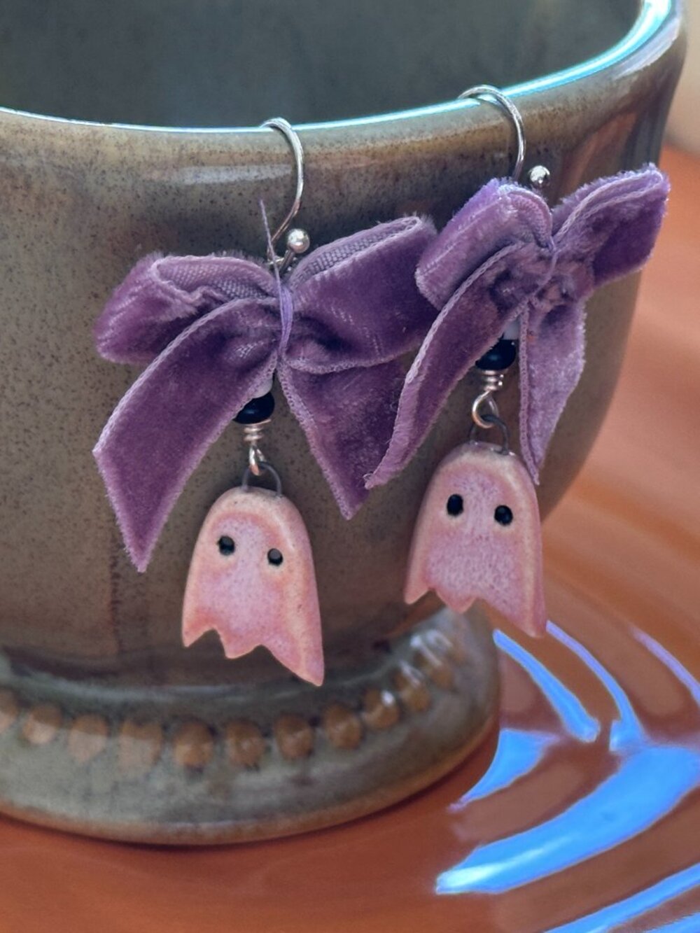 NEW Handmade Ghost Earrings-Sterling Silver, Velvet & Ceramic-Pink & Purple